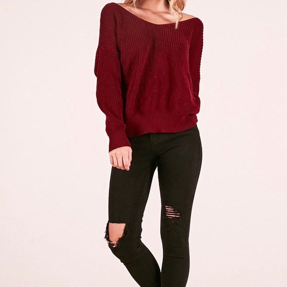 5🌟Sunny Day Sexy Wine Long Sleeve Cozy Sweater - Picture 4 of 5